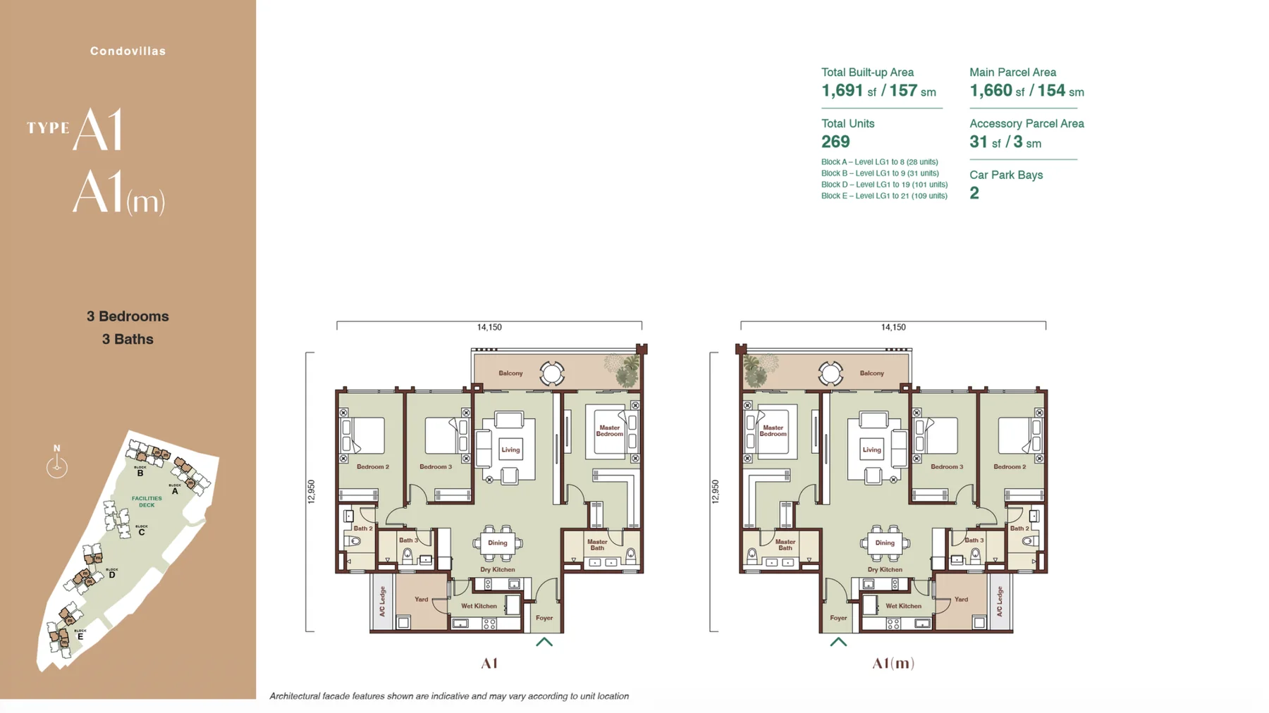 Zenia Condovillas Type A1 floor plan — 3 bedrooms, 3 bathrooms, 1,691 sq.ft. built-up
