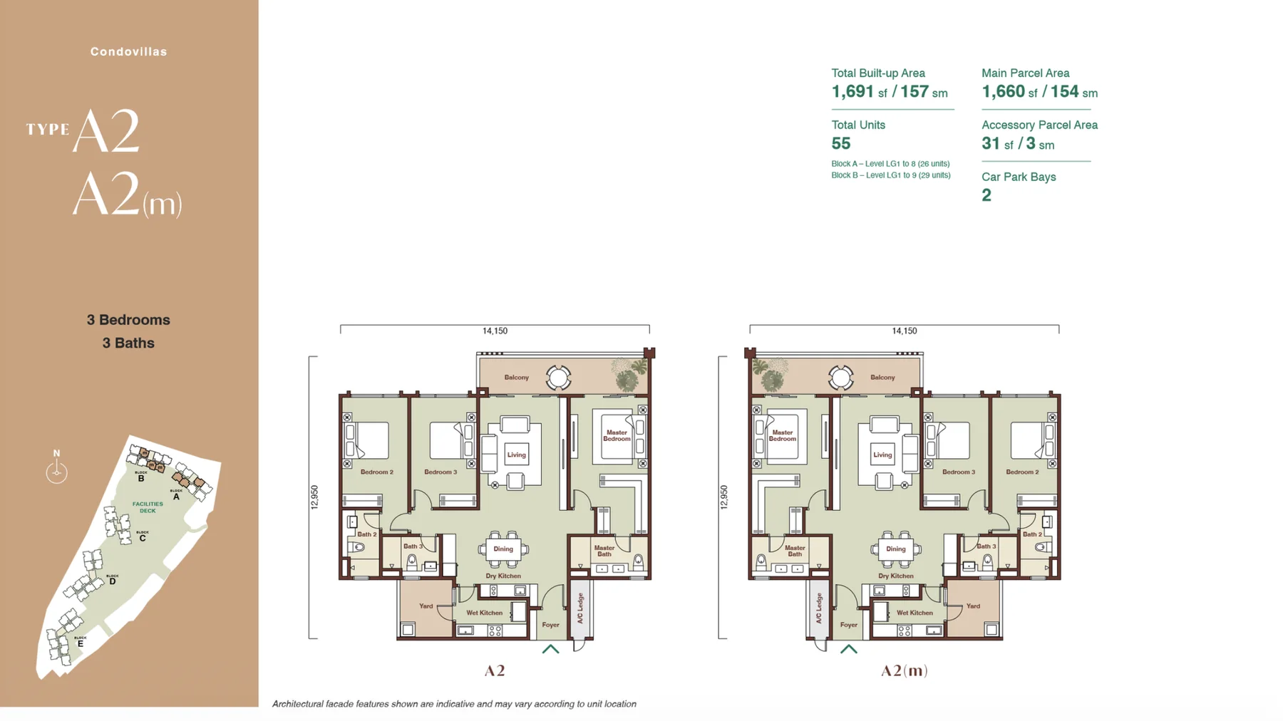Zenia Condovillas Type A2 floor plan — 3 bedrooms, 3 bathrooms, 1,691 sq.ft. built-up