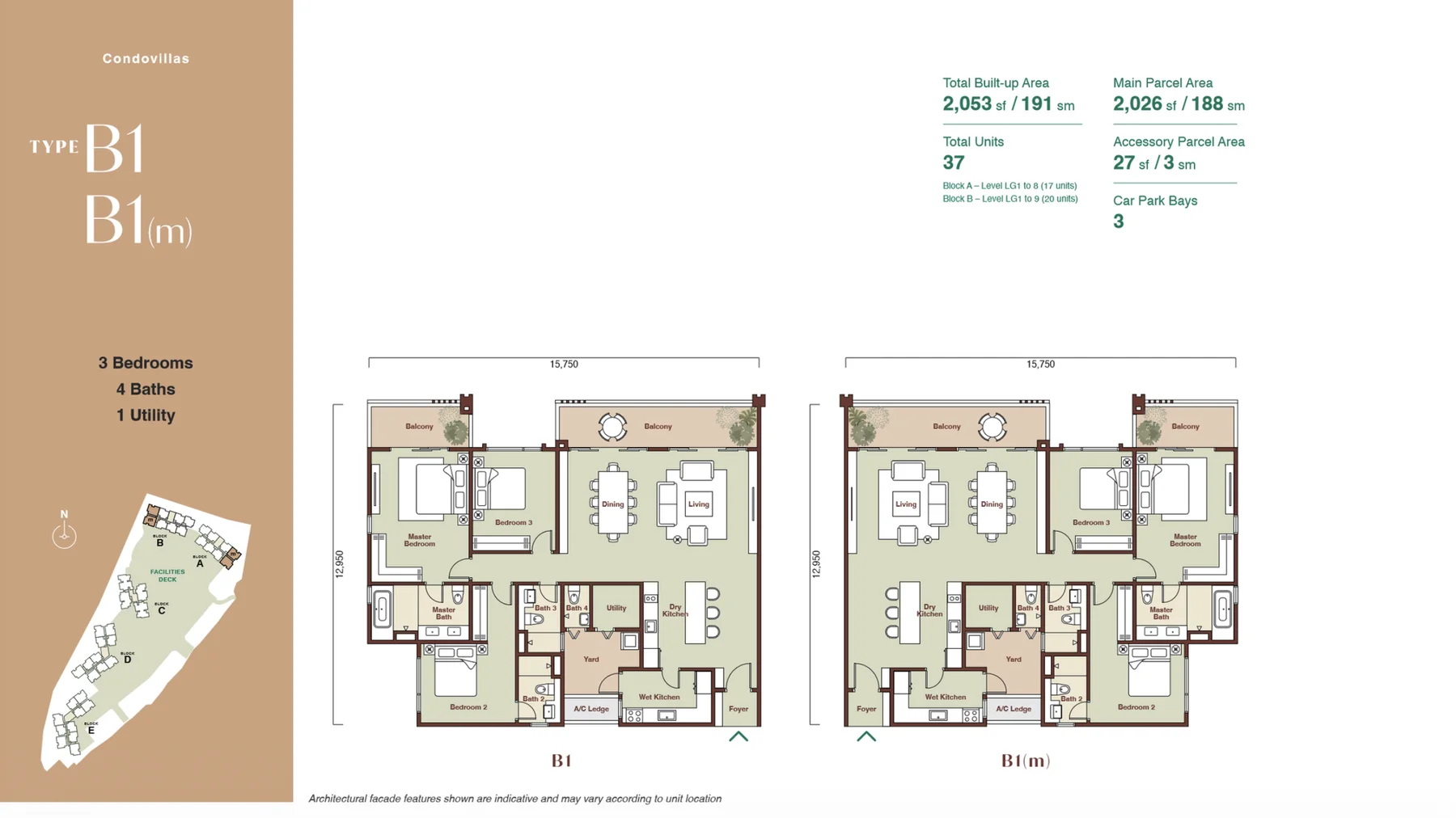 Zenia Condovillas Type B1 floor plan — 3 bedrooms, 4 bathrooms, 2,053 sq.ft. built-up