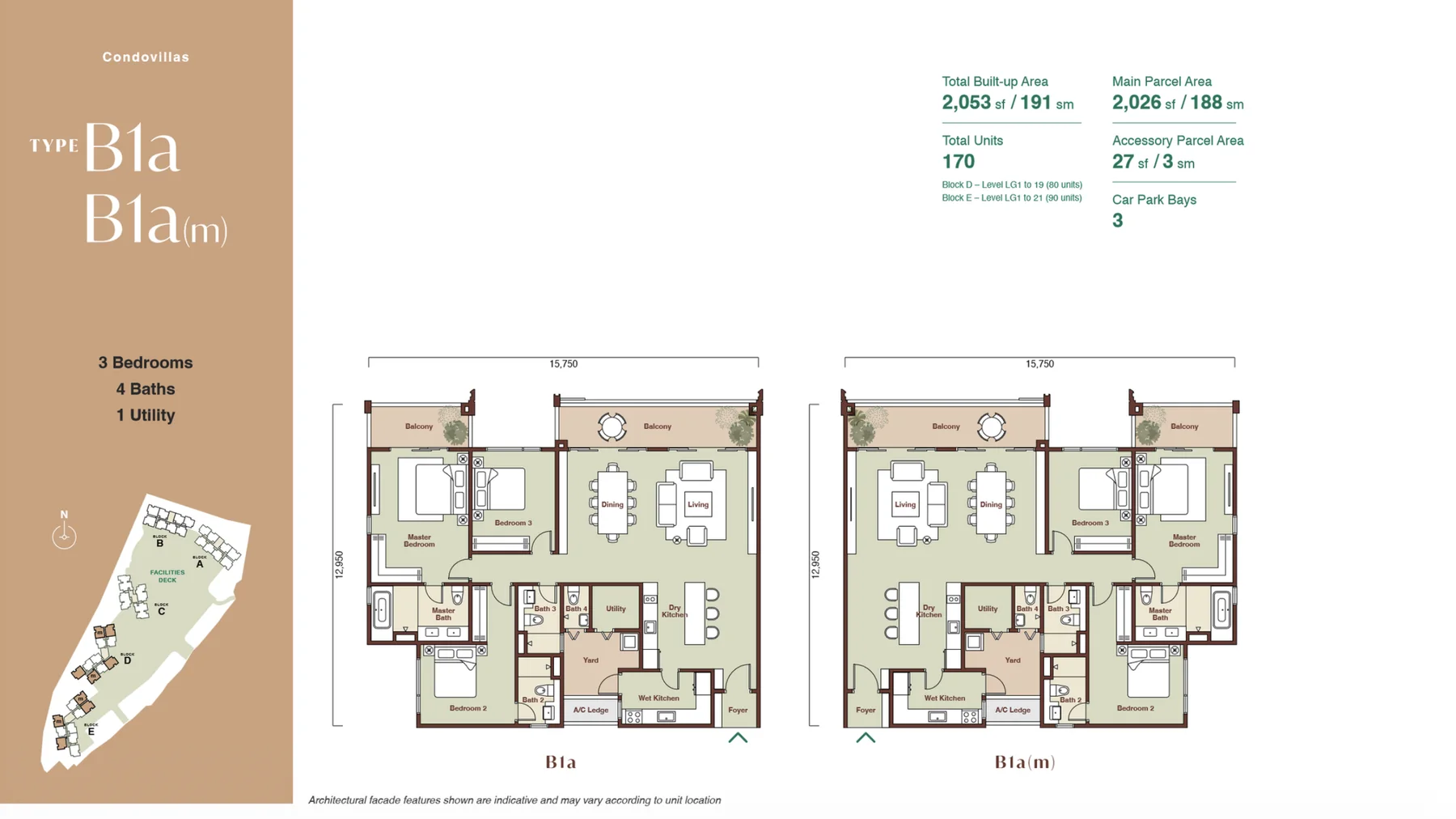 Zenia Condovillas Type B1a floor plan — 3 bedrooms, 4 bathrooms, 2,053 sq.ft. built-up