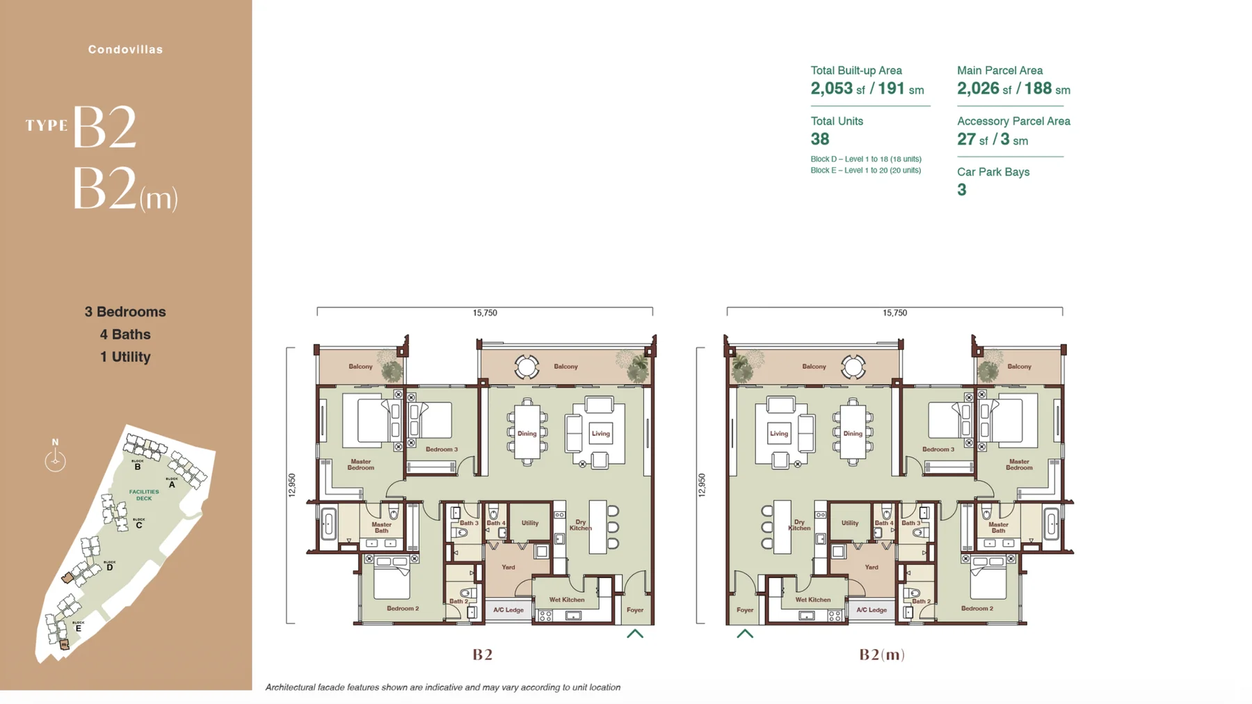 Zenia Condovillas Type B2 floor plan — 3 bedrooms, 4 bathrooms, 2,053 sq.ft. built-up