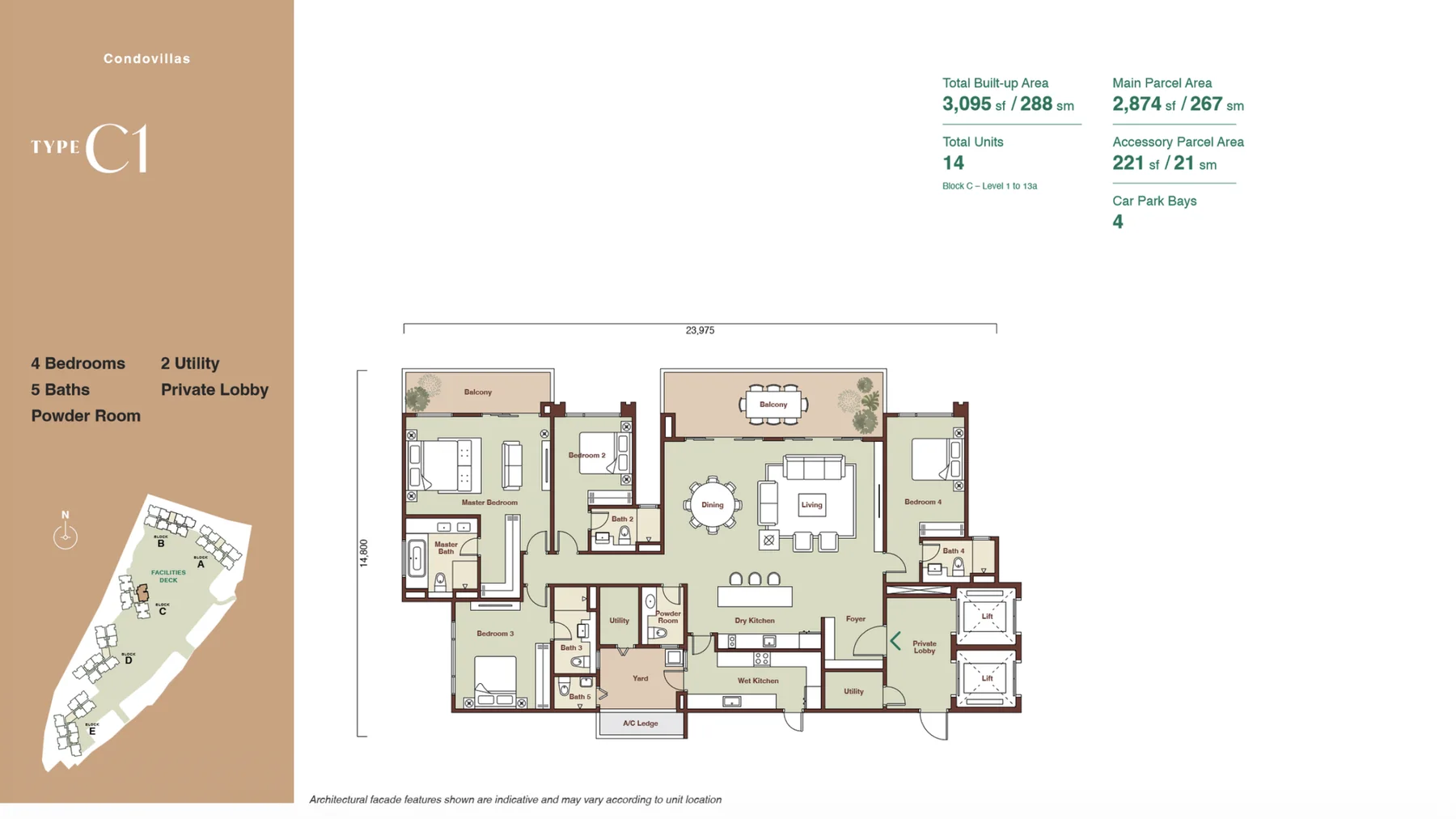 Zenia Condovillas Type C1 floor plan — 4 bedrooms, 5 bathrooms, 3,095 sq.ft. built-up