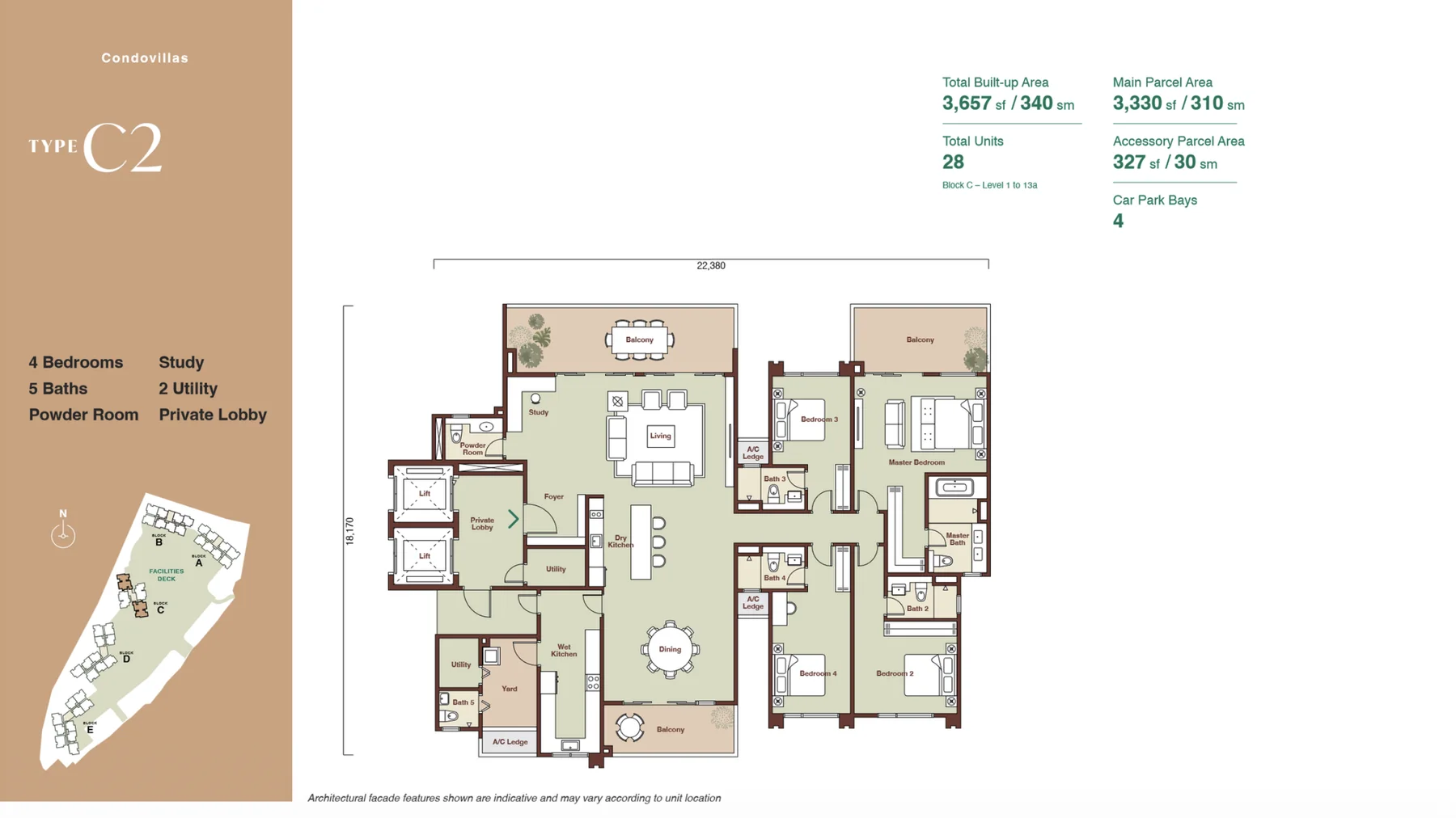 Zenia Condovillas Type C2 floor plan — 4 + study bedrooms, 5 bathrooms, 3,657 sq.ft. built-up