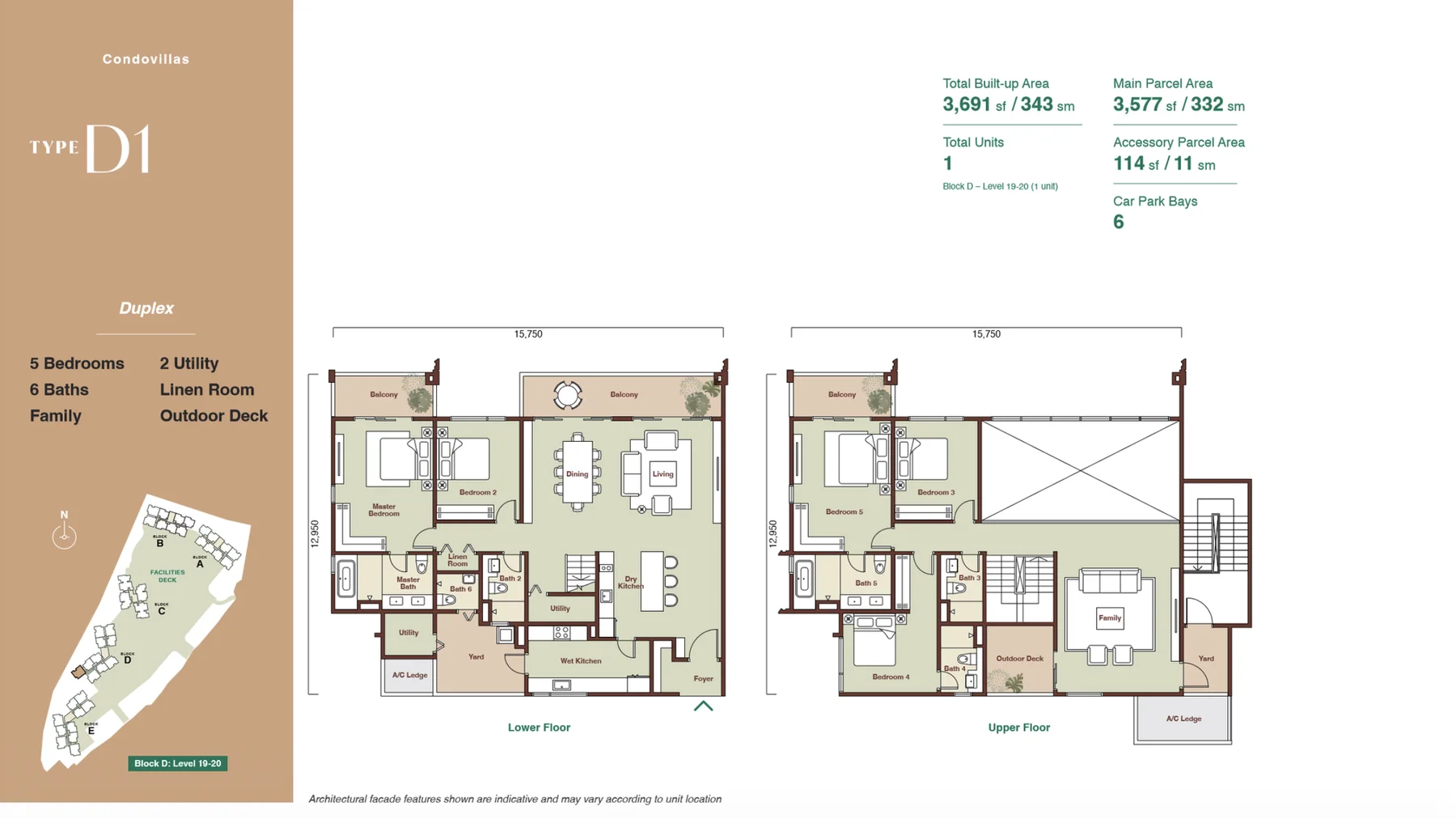Zenia Condovillas Type D1 floor plan — 5 bedrooms, 6 bathrooms, 3,691 sq.ft. built-up