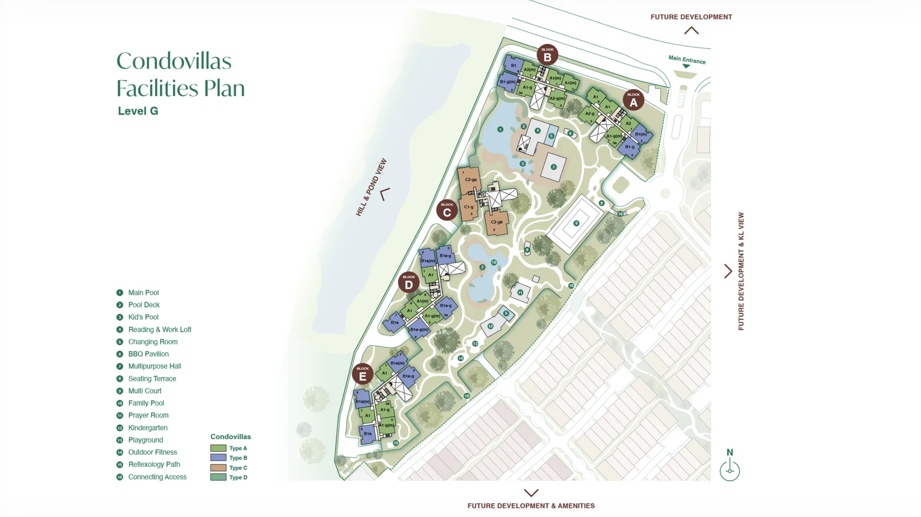 Zenia Condovillas facilities, Level G plan. Main Pool, Pool Deck, Kid’s Pool, Reading & Work Loft, Changing Room, BBQ Pavilion, Multipurpose Hall, Seating Terrace, Multi Court, Family Pool, Prayer Room, Kindergarten, Playground, Outdoor Fitness, Reflexology Path and Connecting Access.