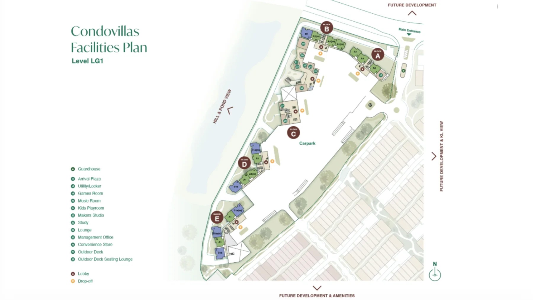 Zenia Condovillas facilities, Level LG1 plan. Guardhouse, Arrival Plaza, Games Room, Music Room, Kids Playroom, Makers Studio, Study, Lounge, Management Office, Convenience Store, Outdoor Deck and Outdoor Deck Seating Lounge.