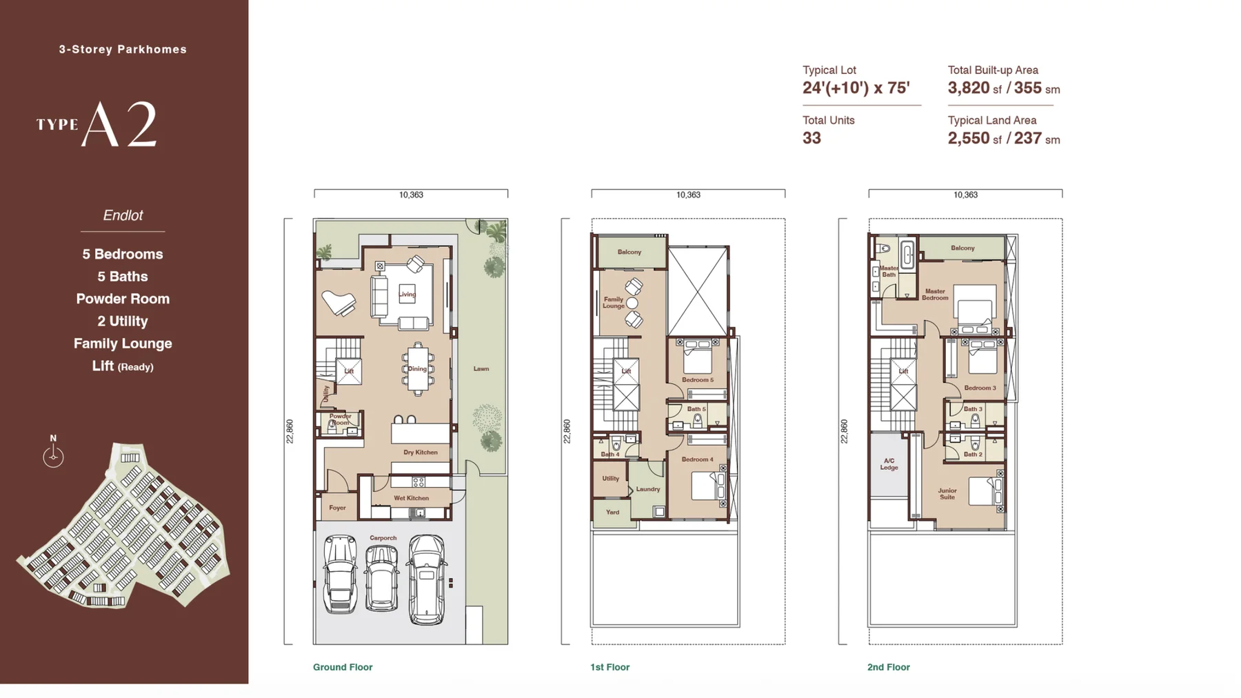 Zenia Parkhomes Type A2 floor plans, ground, first and second floor — end lot, 5 bedrooms, 5 bathrooms, 3,820 sq.ft. built-up on a 24′(+10′) × 75′ lot