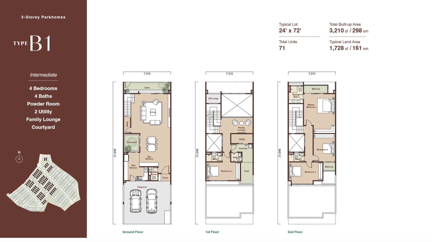 Zenia Parkhomes Type B1 floor plans, ground, first and second floor — intermediate, 4 bedrooms, 4 bathrooms, 3,210 sq.ft. built-up on a 24′ × 72′ lot